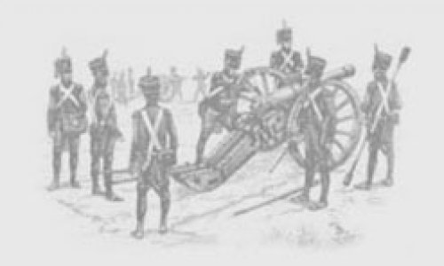 Soldados de artilharia preparam um canhão no início do século 19. Ilustração moderna, autor desconhecido.
