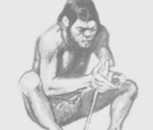 Um hominídeo produzindo fogo a partir do atrito. Ilustração moderna, autor desconhecido.
