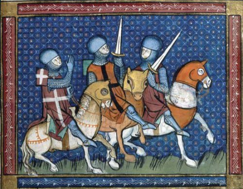 Três cavaleiros a cavalo retratados em uma iluminura medieval. Obra desconhecida.