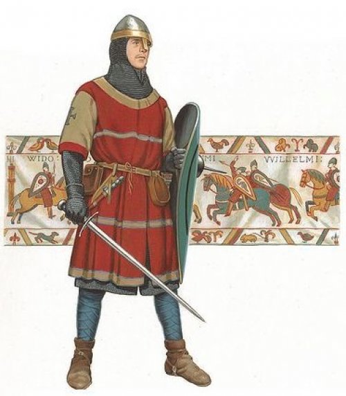 Um cavaleiro normando. Ilustração baseada na Tapeçaria Bayeux (ao fundo), que retrata a conquista da Inglaterra em 1066. Autor desconhecido.